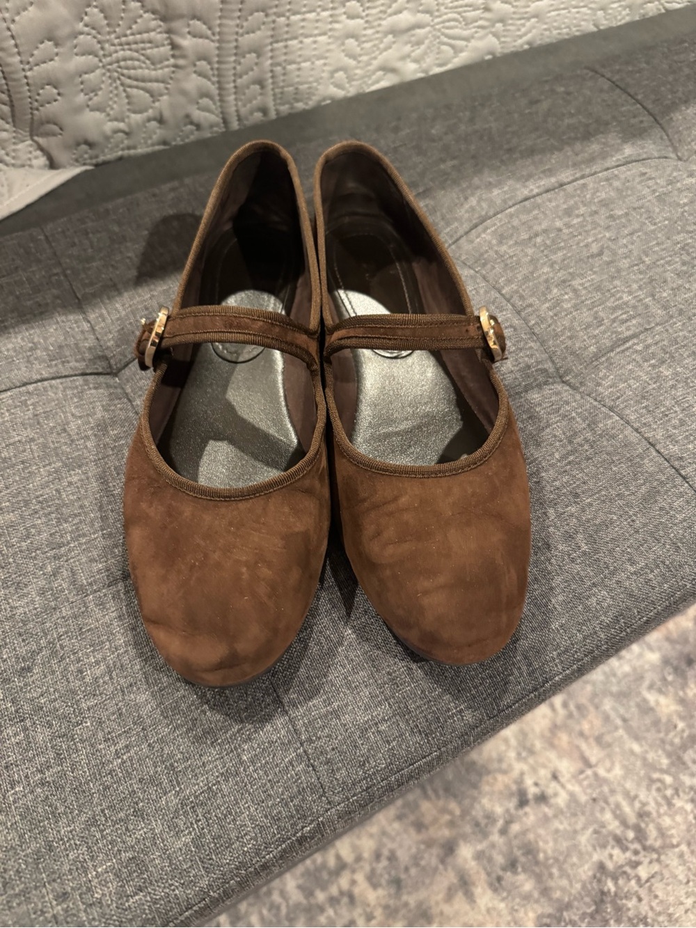 Zara Chocolate Brown Suede Mary Jane Flats with Gold Buckle